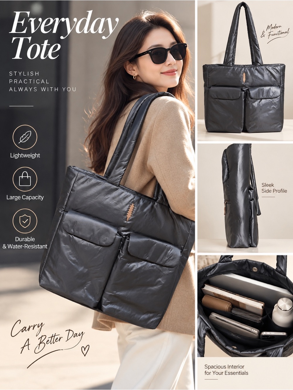 Quilted Puffer Tote Bag in Charcoal Gray
